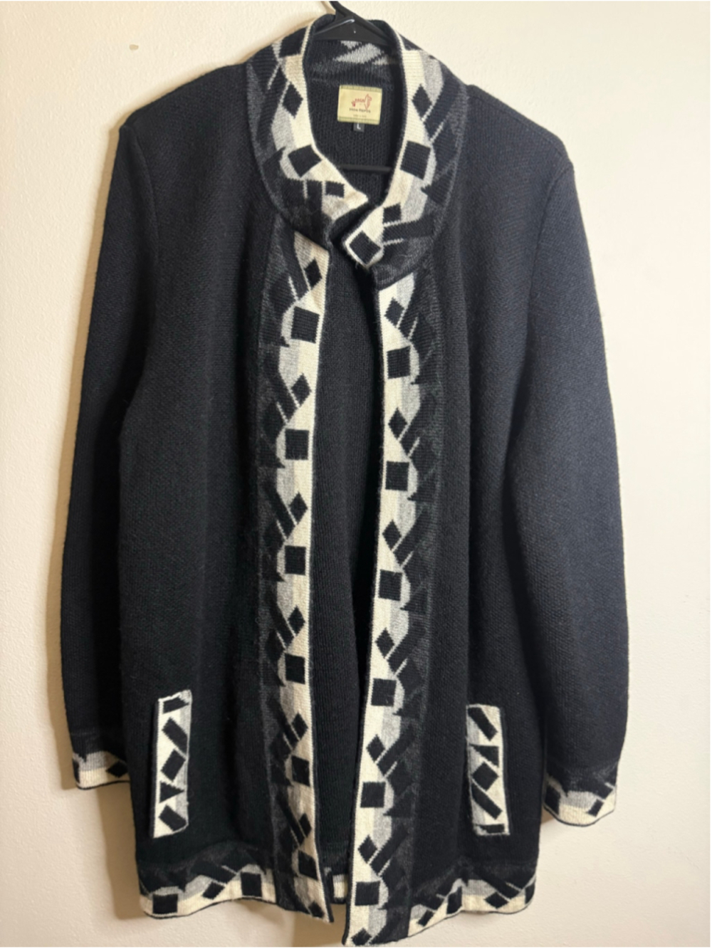 Women's Mon Repos 100% Peruvian Alpaca Cardigan Sweater Size L Black White